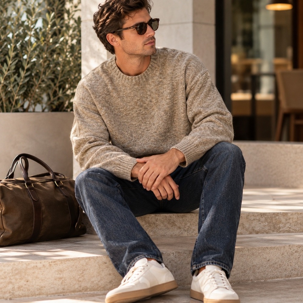 Abercrombie & Fitch Essential Crew Sweater Men M Oversized Oatmeal Marled Knit